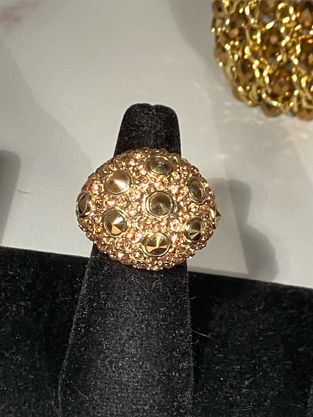 ‘Spike’ Gold Dome Crystal Cocktail Ring size 7 unique reversed crystal design